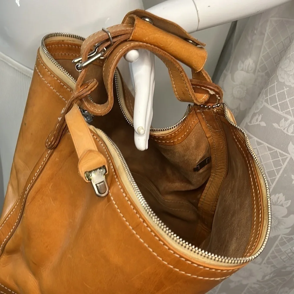 Large Tall Belting Leather Zip Tongue Groove Closure Hand Crossbody Bucket Bag